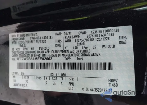 2021 Ford F-250 Xlt from USA, damaged, VIN 1FT7W2B61MEE02662